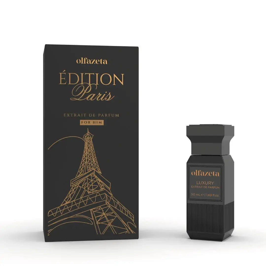 Olfazeta Edition Paris Luxury Extrait de Parfum for Men with packaging featuring Eiffel Tower design.