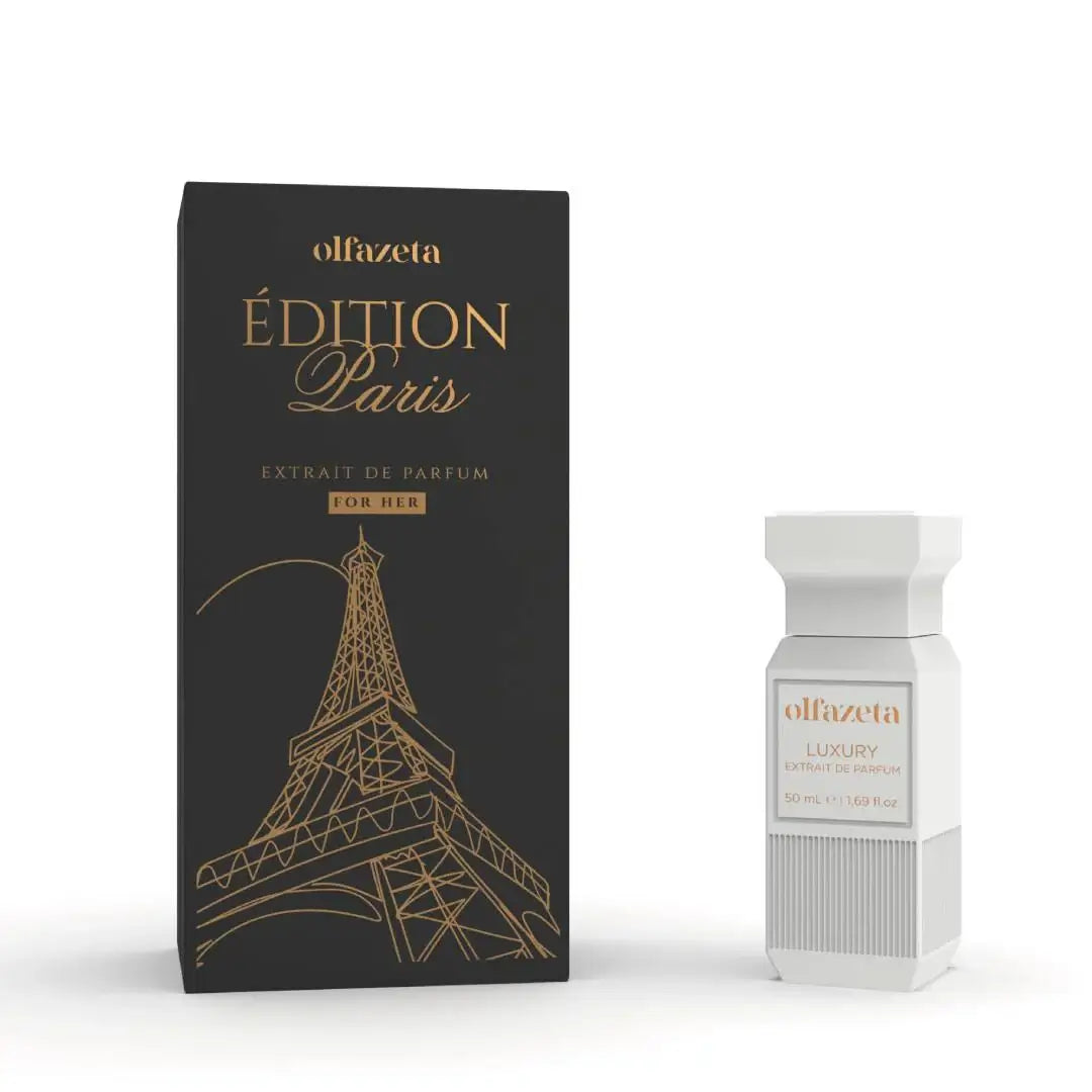 Olfazeta Édition Paris Extrait de Parfum For Her with Eiffel Tower design on black box and white bottle.