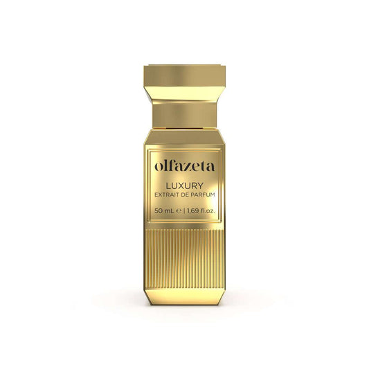 Goldene Flasche von Olfazeta Luxury Extrait de Parfum 50 ml, luxuriöses Parfüm-Design.